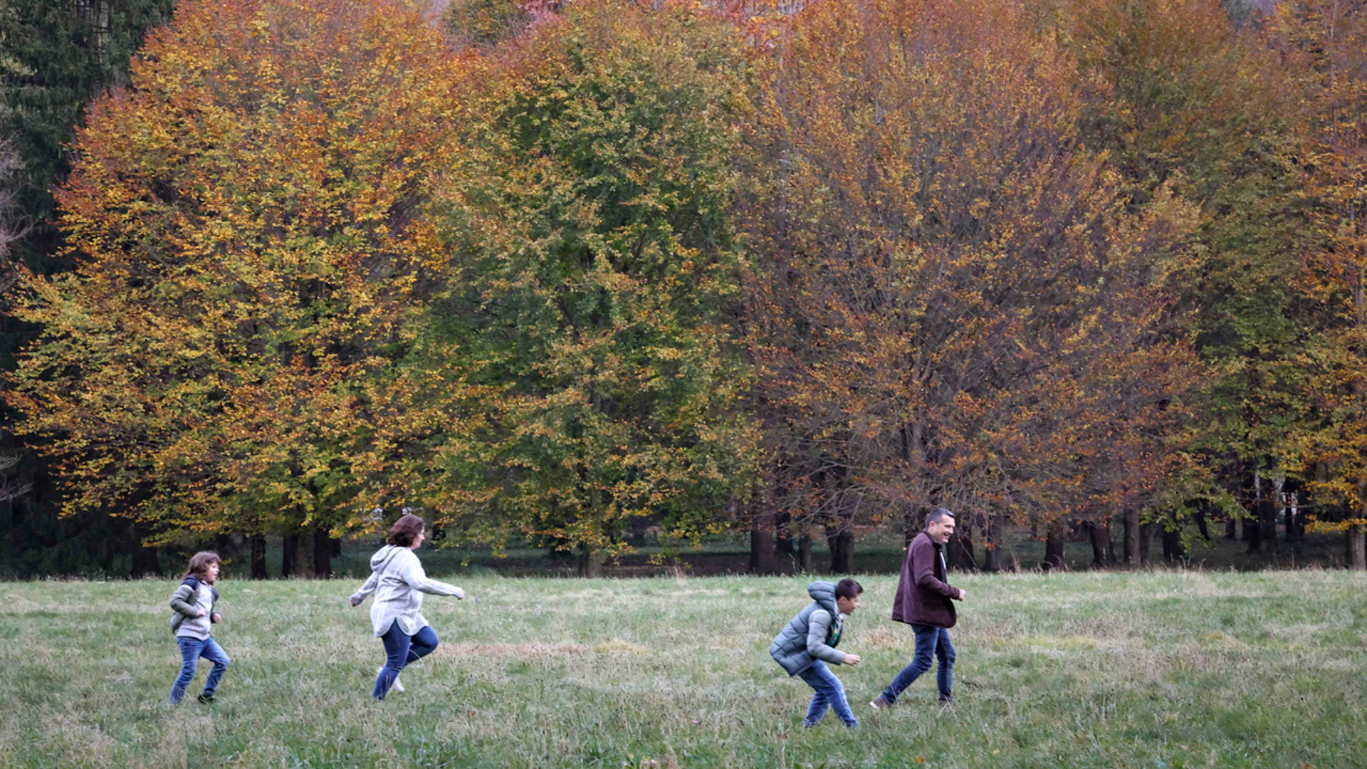Une famille de quatre personnes (deux adultes et deux enfants) marchant à travers un champ herbeux avec des arbres d'automne en arrière-plan, leurs feuilles affichant des nuances de vert et d'orange.